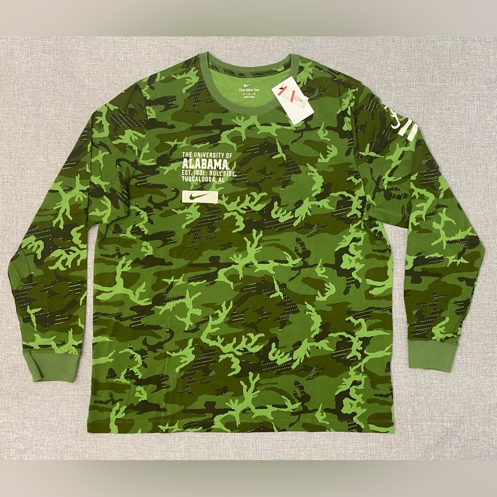 Nike Mens 2XL Alabama Crimson Tide Long Sleeve Military Camo Green Shirt New